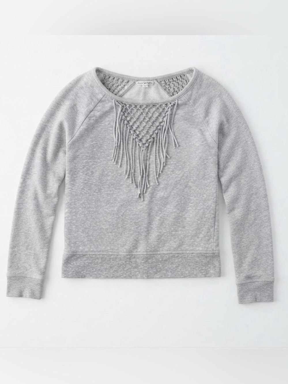 American Eagle Women’s Macrame Crochet Fringe Sweatshirt Gray Size Small Boho